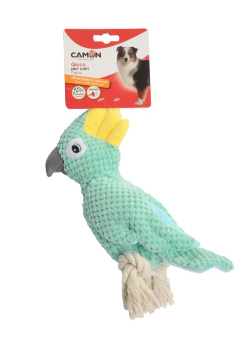 CAMON GIOC.Cane polies. corda, 3 soggetti, Papagallo  c/Sque e crinkle, 24cm-3p